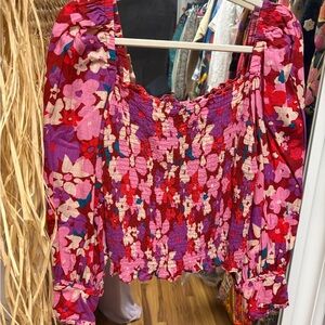Free People Pink and Red Floral Blouse